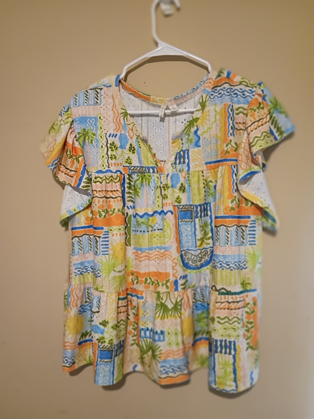 Short Sleeve Patchwork Print - White Multi Blouse